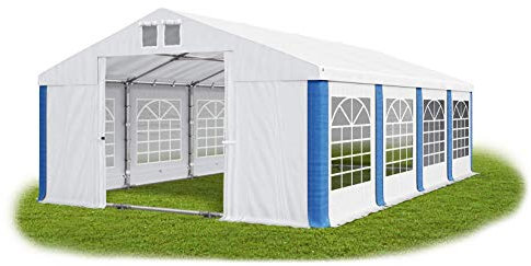 Das Company Partyzelt 5x8m wasserdicht weiß-blau mit Bodenrahmen und Dachverstärkung 560g/m² PVC Plane Robust Festzelt Gartenzelt Summer Plus SD