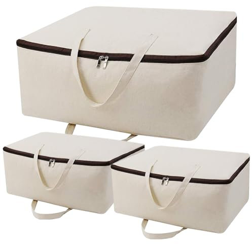 iwill CREATE PRO Pack of 3, Cotton Canvas Storage Soft Bags with Zip Closure & Handles, Good for Blankets, Clothing in Bedroom Wardrobe, Dormitory, Shelves, Beige