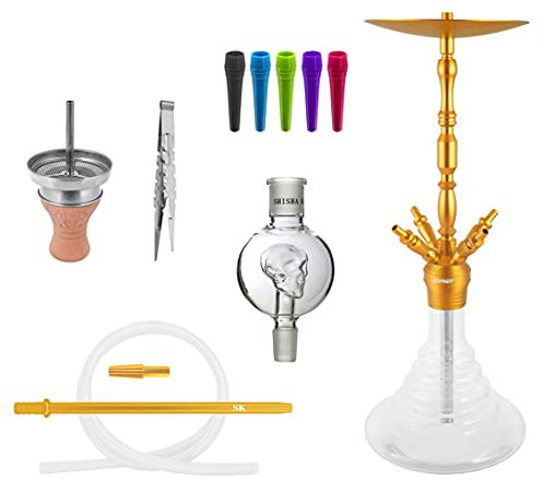 Skynet® Air Shisha Set Hookah 86cm Alu + Zubehör | große Wasserpfeife Komplett Molassefänger Schlauch Tonkopf 100x Hygienemundstück Kaminaufsatz 18/8 Schliff Edelstahl schöne Bowl - Gold