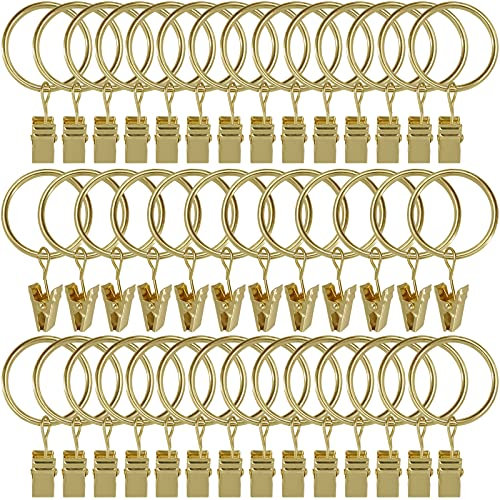 AMZSEVEN Lot de 40 anneaux de rideaux avec clips, anneaux à pinces à draperie, cintres de rideaux de 3,2 cm de diamètre intérieur, s'adapte jusqu'à 1 tringle, doré