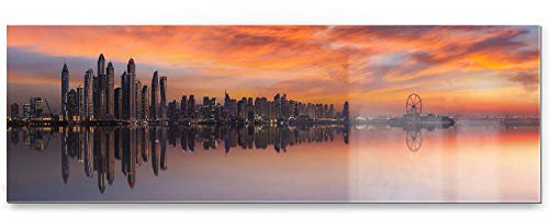 BilderKing Eindrucksvolles XXL Panorama Acrylglasverbund-Bild, 8mm stark, 150x50cm Skyline Dubai Night als Wandbild. Das Glasbild setzt Ihr Wohnzimmer, Esszimmer oder Schlafzimmer perfekt in Szene