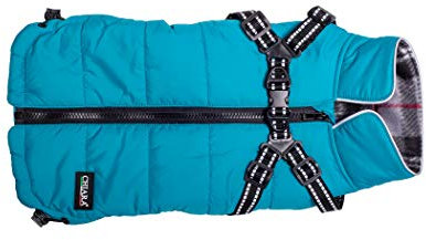 CHIARA Winterjacke mit Geschirr Modell MAX Größe XS (Material: 100% Polyester, Hundewinterjacke mit integriertem Fleece-Futter, Step-in, anpassbare Länge, maschinenwaschbar), Farbe: Türkis