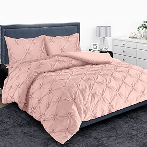 MH Home Pintuck Double Duvet Cover Set - 200 Thread Count 100% Egyptian Cotton Pinch Pleated Quilt Bedding Covers Set (Soft Pink, Double)