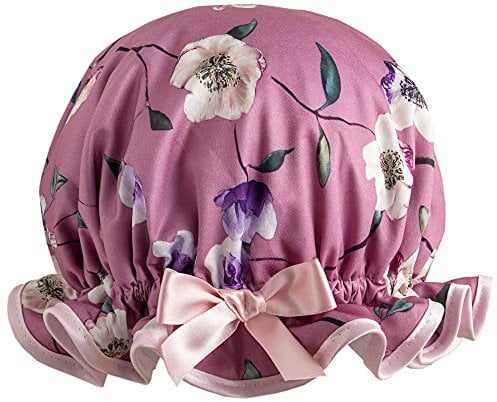 Dilly Daydream Rose Shower Cap - Pink Satin Floral Print - Waterproof Lining - Classic Frill Style - British Made - Adjustable To Fit All Head Sizes And Hair Lengths