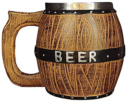 Demiawaking Boccale di Birra Vichingo in Finto Legno con Manico 600ml Tazza da Birra a Doppia Parete Foderato in Acciaio Inossidabile Bicchiere Birra per Festa,Casa, Bar (Stile 3)
