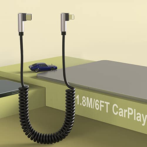 1.8m /6FT Typ C-Lightning 90-Grad Spiralladekabel für CarPlay, Ellenbogen Apple Schnellladedatenfeder, USB C einziehbares Ladekabel für iOS/iPhone 12/11/SE/Xs/Xr/8/7/6/iPad Pro Air/Mac Book Pro