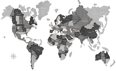 Kimy Design - Mappa del Mondo da Parete in Legno Grey | Dimensioni 110x180 cm | Planisfero Geografico a Puzzle 3D per Decorare i tuoi Ambienti: Soggiorno, Ufficio, Camera - Wooden World Map 3D
