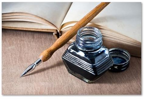 Postereck - 0959 - Feder, Tinte Schreiben Brief Kalligrafie Papier - Wandposter Fotoposter Bilder Wandbild Wandbilder - Leinwand - 60,0 cm x 40,0 cm