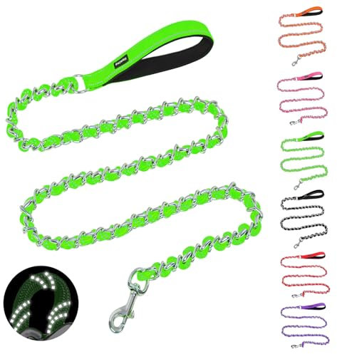 HOMIMP Kaufeste Hundeleine für mittelgroße und große Hunde, reflektierend, 1,8 m, robuste Metallkette, Hundeleine mit weich gepolstertem Griff, Anti-Biss-Leine für Pitbull, nicht kaubar