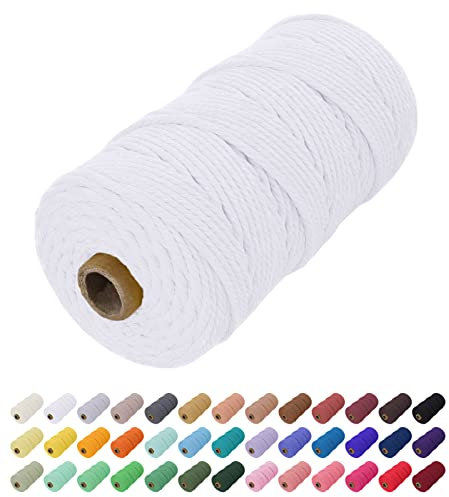 Uiopa Makramee Garn 2mm x 200m, Baumwollkordel Farbig Baumwollgarn Geflochten Baumwollseil, Natürliche Baumwollschnur für Wandbehang, Vorhang, Traumfänger, Hängepflanze, Deko (Weiß)