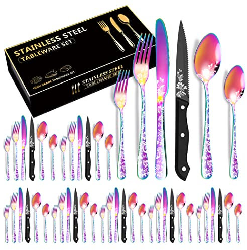 XIAOYU Juego de cubiertos de 48 piezas, servicio para 8, juego de cubiertos de acero inoxidable con cuchillos para carne, diseño de patrón único, juegos de cuchillos/tenedores/cucharas, arcoíris