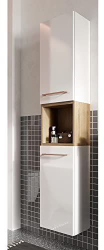 Lomadox Badezimmer Hochschrank in weiß Hochglanz lackiert mit Trüffel Buche Nb. und Metallgriffen in Kupfer, B/H/T ca. 30/150/22
