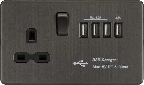 Screwless 13A Switched Socket with Quad USB Charger (5.1A) - Smoked Bronze