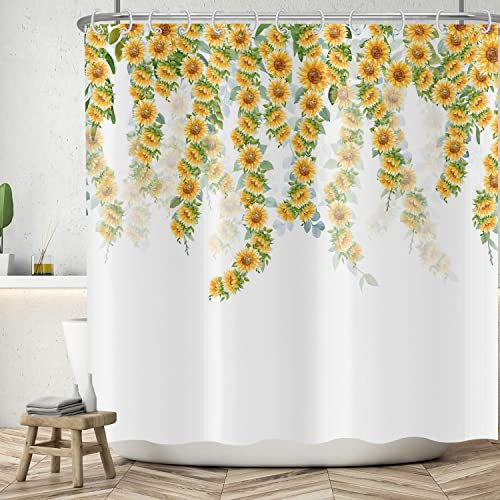 ASDCXZ Duschvorhang Blumen 180x200 cm, Frühling Handgemalt Gelb Sonnenblume Grün Blätter Bad Duschvorhänge Waschbar Polyester Textil Wasserdicht Duschvorhang für Badewanne mit 12 Duschvorhang Hake