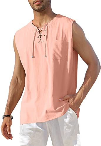KUYIGO Maglia da Uomo in Cotone e Lino Senza Maniche Henley Camicia Casual con Lacci da Spiaggia Hippie Top, Rosa Chiaro, M