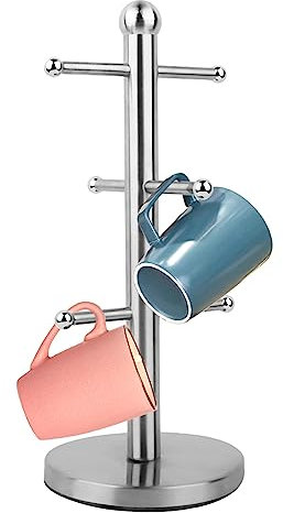 Mug Holder, Coffee Cup Holder Stand Stainless Steel Countertop Mug Tree with 6 Hooks Metal Free Standing Mug Tree Tea Cup Storage Rack