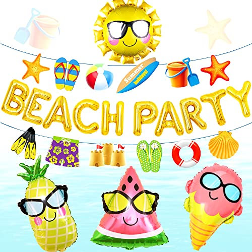 JeVenis Décoration de fête de plage Fournitures de fête de piscine Ballons de soleil d'été Bannière de toile de fond de fête de plage pour Luau Hawaii Beach Pool Party