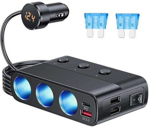 EEEKit Zigarettenanzünder-Splitter, 3 Steckdosen mit PD-Anschluss, QC3.0 & Dual 3.4A USB A, LED-Voltmeter & Schalter für Geräte im Auto