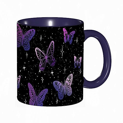 DHAEY Mug porcelaine fine Papillon,papillons violets fantastiques,mur de ciel nocturne noir |Mug humour pour collègue, amis, copains, frères et soeurs |Mug original avec