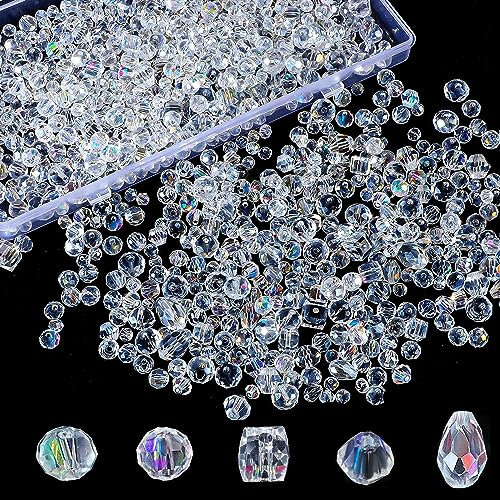 1100 PCS Cuentas de Cristal, 5 Estilos Cristales para Manualidades Abalorios Pulseras Perlas Cuentas Cristal Brillantes para Hacer Pulseras Collares Pendientes Bisuteria (4/6/8 mm)