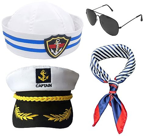 SKHAOVS 4 Stück Kapitän Matrosen Set Kapitän Matrosen Kostüm Marine Kappe Kapitän Mütze Matrosenmütze Schal Sonnenbrille Marineblaue Hüte Matrosen Party Kostüm für Erwachsene Kinder(4 Stück)
