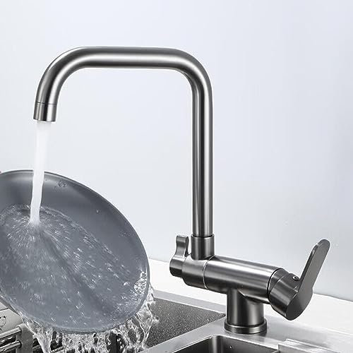 Rubinetto Cucina 3 Vie Sottofinestra Pieghevole, Girevole 360° Ottone Acqua Depurata Acqua Fredda e Calda Ottone Miscelatore Cucina-Grigio