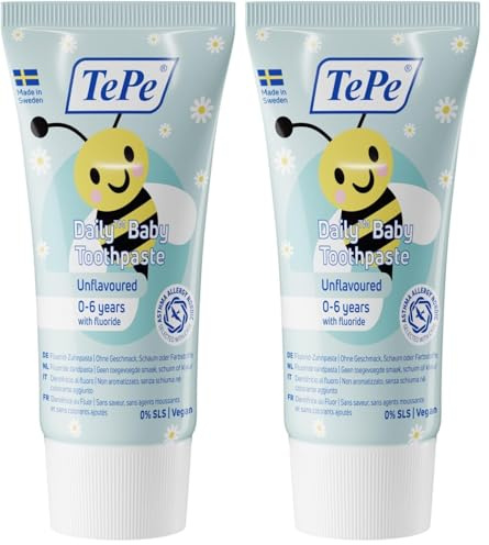 TePe Daily Baby Zahnpasta, geschmacksneutral, 0-6 Jahre, sanfte Fluoridzahnpasta für Babys zur Vorbeugung von Karies, altersgerechter Fluoridgehalt (Packung mit 2)