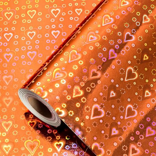 Garbendy Rose Gold Love Heart Holographic Foil Wrapping Paper Roll 17In X 32.8Ft Metallic Gift Wrap Perfect for Valentine's Day, Mother’s Day, Wedding, Anniversaries, Bridal Shower
