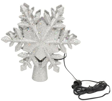 Zunate Silberne Schneeflocken-Weihnachtsbaumspitze mit Rotierendem Projektorlicht, 3D-PVC, 6 Projektionsmodi, für Weihnachtsdekorationen (EU-Stecker 220-240 V)