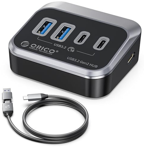 ORICO Hub USB 3.2, USB 3.2 Gen 2 Hub con 2 USB-A 3.2 Gen2 y 2 USB-C 3.2 Gen2, USB Splitter Compatible con iMac, MacBooks, Mac Mini, USB C Hub con cable 2 en 1 de 1 m