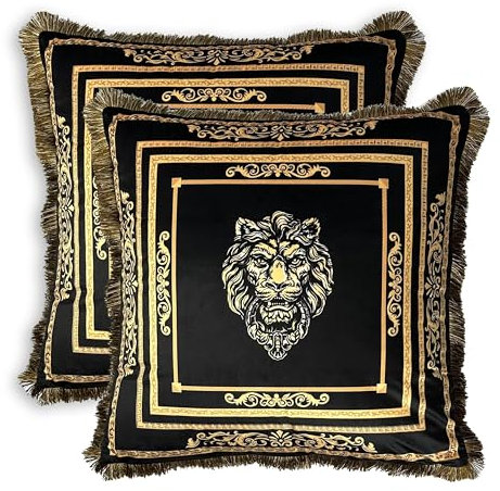 Belle Arti Luxus Kissen Dekokissen Sofakissen Couchkissen mit Sherpa Decke in Set - Füllung und Bezug waschbar Reißverschluß Löwe Mäander Muster in Schwarz Gold (SET2: 2 Kissen (60x60cm))