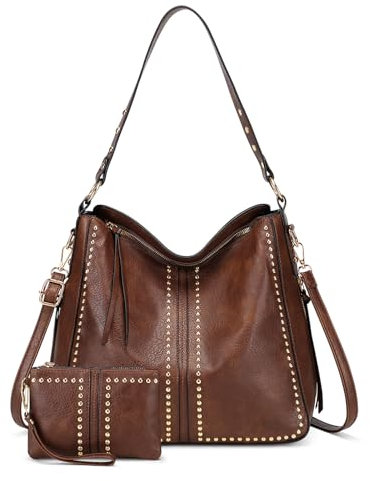 VINBAGGE Handtasche Damen Shopper PU Leder Tasche Vintage Schultertasche Umhängetasche Geldbörse Hobo Henkeltasche Frauen für Büro Schule Einkauf Reise - Set 2pcs Kaffeefarbe