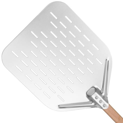 Pizzaschieber Pizzaschaufel 40 * 30cm 12 Zoll Pizza schieber，Leichten Gleiten auf Pizzastein Perforierter Pizzaschieber mit Großer Fläche und Abnehmbaren Griff (Holz)