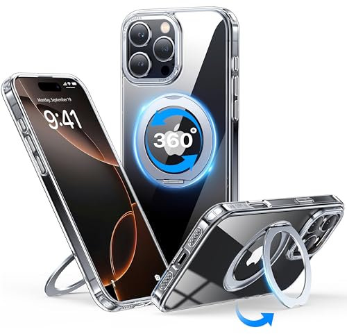 QTlier für iPhone-16 Pro Hülle, 360° Drehbare Ringständerhülle Kompatibel mit MagSafe, [Schutz in Militärqualität] [Erhöhter Kamerarahmen] Kickstand-Hülle für iPhone-16 Pro 6,1, Clear
