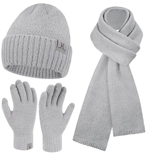 Winter Warm Damen Mütze Lange Schal Touchscreen Handschuhe Set Thermo Wintermütze Strickmütze Beanie Winterhandschuhe Schals für Damen Geschenk Frauen, Hellgrau