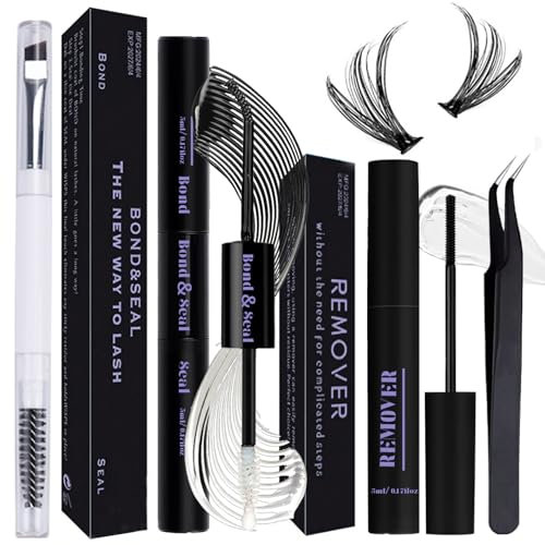 Qiveaory Lash Bond and Seal Kit 4 Pcs DIY Lash Extension with Waterproof Lashe Cluster Glue 72h Hold and Seal Lash Remover Tweezers Portable Eyelash Brush with Cap for Eyelash Extensions Beginners