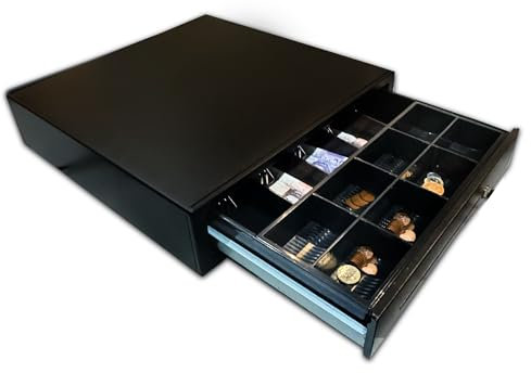 POSSAFE Cajón de efectivo con 5 billetes y 8 bandejas extraíbles para monedas | Caja de efectivo de apertura automática con llave | Mecanismo de bloqueo seguro de caja registradora electrónica para