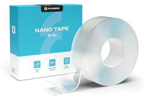 FIXWERK Nano Tape | Doppelseitig Nano Klebeband | Extra stark | 3 Meter Rolle | Klebeband ablösbar | waschbar & wiederverwendbar | transparent (2mm x 3cm x 3m)