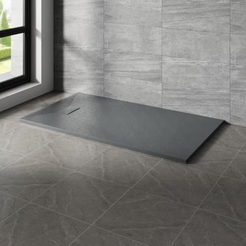 NRG 1500x900mm SMC Rectangle Shower Tray Anthracite with Fast Flow Waste | Anti Slip, Bathroom Shower Base Tray, Wet Room Shower Pan, Shower Enclosure Tray, Wetroom Shower Cubicle Base, Slate Effect