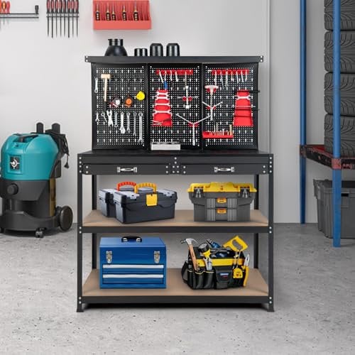 SOARS Banco da Lavoro, Organizer per Attrezzi in Metallo con 3 Pannelli Perforati con Kit di 25 Ganci, 2 Cassetti e 2 Ripiani, Banchi da Lavoro per Officina, Garage (Nero+Rosso, 121 X 61 X 156 CM)