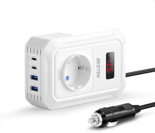 BESTEK 200W Spannungswandler 12V auf 230V AC, Auto-Wechselrichter mit 3 Steckdosen, 2 USB 18W und 2 USB-C Anschlüssen, Zigarettenanzünder-Stecker für Laptop, iPhone und mehr, Schwarz