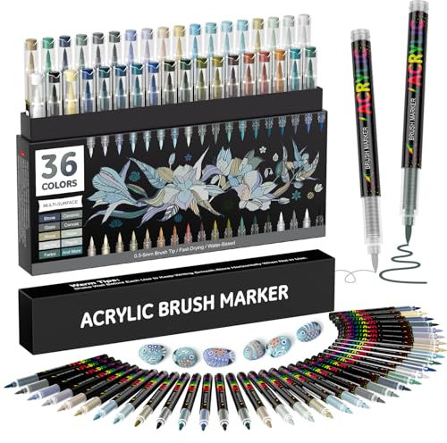 Sonlaryin Feutre Acrylique 36 Couleurs 36 Pièces, Marqueur Peinture Acrylique Pinceau Pour Papier, Verre, Galet, Métal, Plastique, Bois, Oeuf, Céramique, Textile - Gris