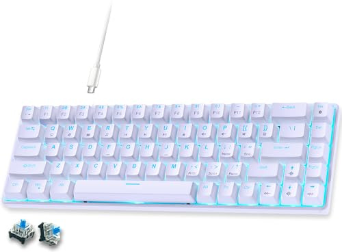 abucow 65% Mechanical Gaming Keyboard, Blue Switch Wired 68 Keys Compact Keyboard with Blue Backlight, Swappable White Keycaps, for Windows/Mac