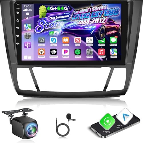 8 Core Qualcomm 4G+64G Autoradio für BMW 1 Series E81 E82 E87 E88 2008-2012 mit Wireless Carplay & Android Auto, 9 Zoll Android Autoradio mit WiFi/GPS/Bluetooth 5.1/DPS Hi-Res/FM RDS Radio