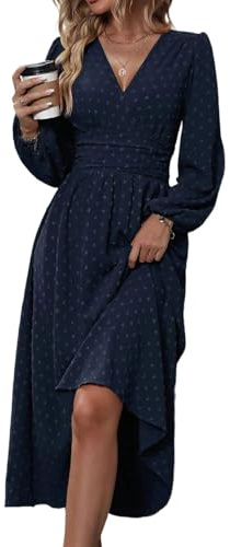 HUXRAKV Casual Wrap Dresses for Women UK Elegante Ladies V Neck Long Lantern Sleeve Ruffled Waist Maxi Party Dress,37-Navy Blue,M