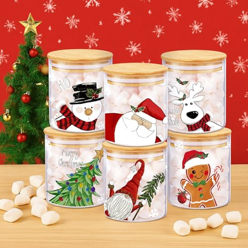 Sunnychicc 6 Pcs Christmas Glass Storage Jars with Airtight Lid Red White Candy Cane Gingerbread Man Santa Claus Glass Food Storage Jars for Xmas Kitchen Cookie Coffee (Santa Claus)