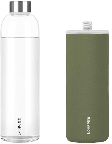 LOOFORE Glass Water Bottle 1L 1000ml, BPA-Free Leak Proof, 1 Litre Large Borosilicate Glass Drinking Bottles with Protective Sleeves for Sports and Gym with Hot Cold Drinks, 1 Pack
