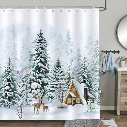 Bonhause Duschvorhang Winter Weihnachtsbaum Wald Hirsch Kiefer Duschvorhänge 180 x 200 cm Anti-Schimmel Wasserdicht Polyester Stoff Waschbar Bad Vorhäng für Badzimmer mit 12 Haken
