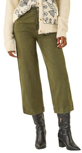 Roman Originials Denim Culottes for Women UK Ladies Cotton Cropped Trouser Wide Leg Jean Stretch Pants Capri 3/4 Length Three Quarter Summer Loose Casual Spring Lounge Pockets - Dark Green - Size 10