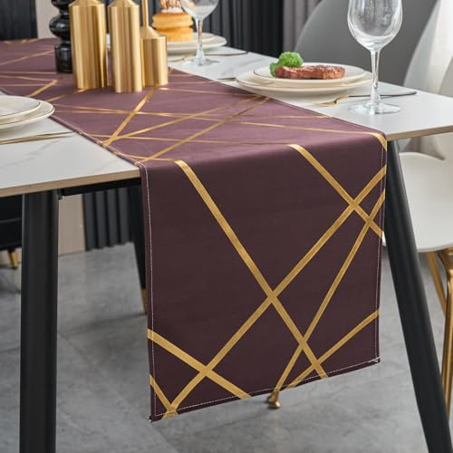Brylleii Tischläufer Modern Braun Glänzend Gold Geometrie 33x140 Tischdeko Tischband Abwaschbar Kurz Landhausstil Vintage Tischdecke Dekoratives für Couchtisch Esstisch Küche Urlaub Hochzeit